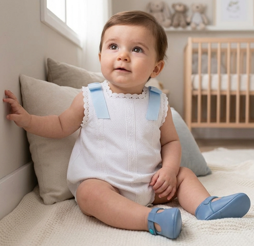 blue bow piqué romper baby