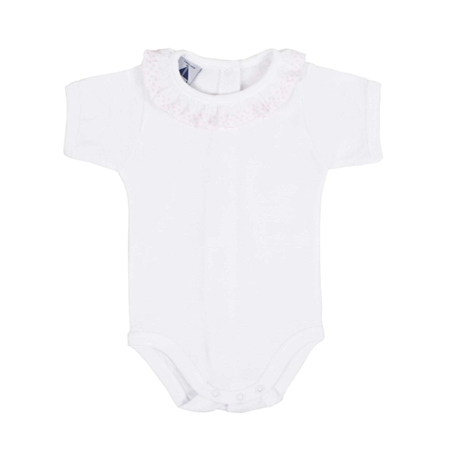 Short sleeve bodysuit baby with batiste collar in pink babidu