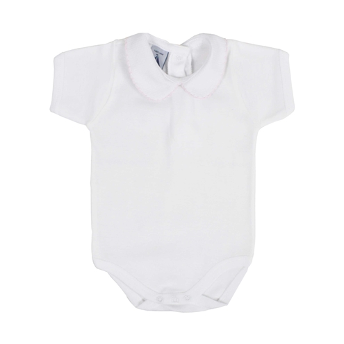 Short sleeve bodysuit baby Peter Pan collar with pink stitch