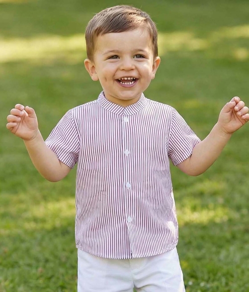 mao collar shirt red stripes