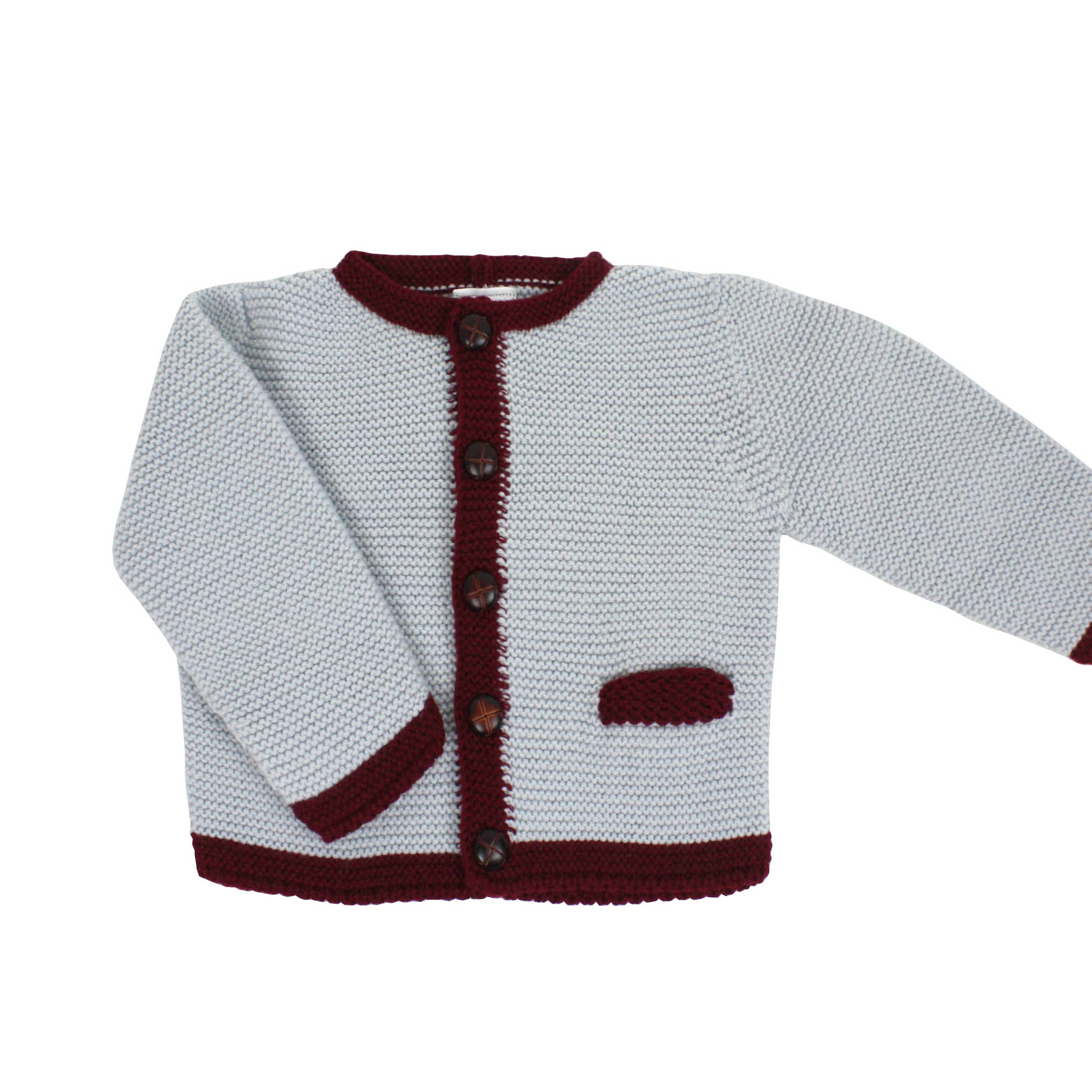 knit grey and burgundy cardigan