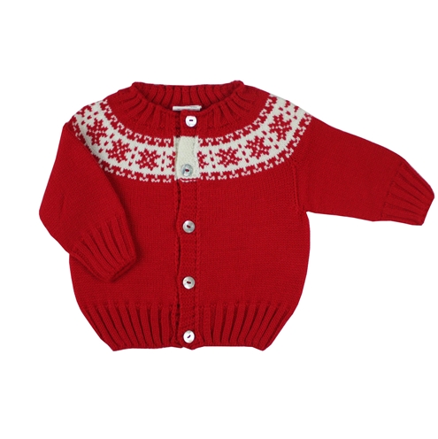 chaqueta de punto roja con greca blanca