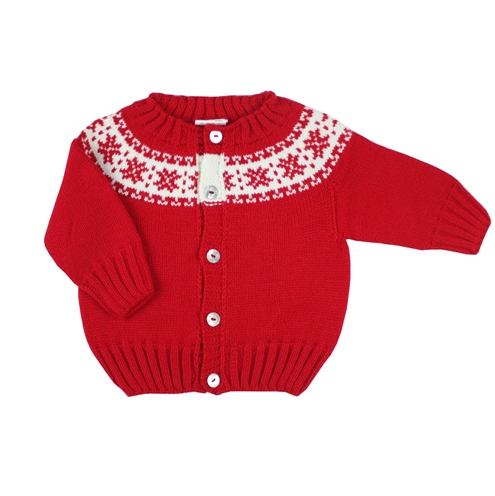 chaqueta de punto roja con greca blanca