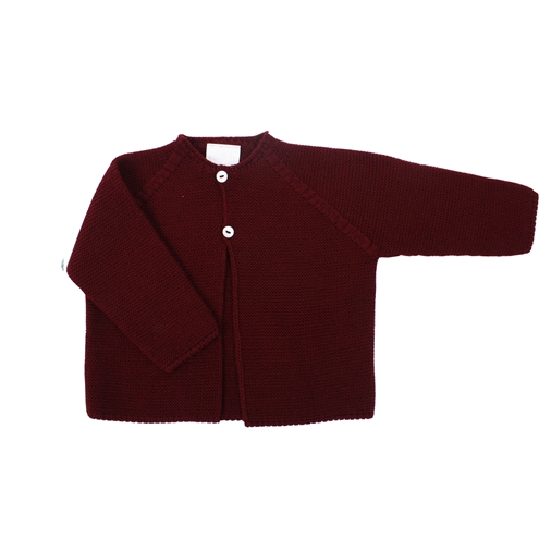 Burgundy long baby cardigan.