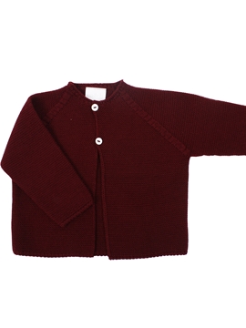 Burgundy long baby cardigan.