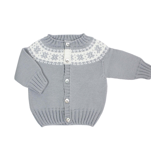 chaqueta punto gris greca blanca