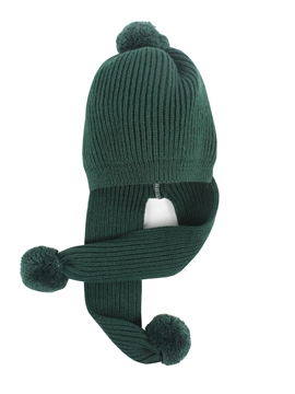 gorro de punto verde botella con bufanda y pompom