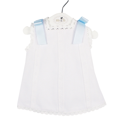 Short Baby’s dress. Piqué fabric and blue bows