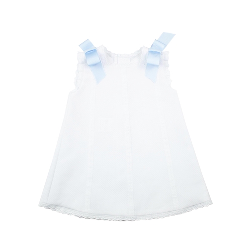 Baby’s Dress in white piqué fabric and blue bows