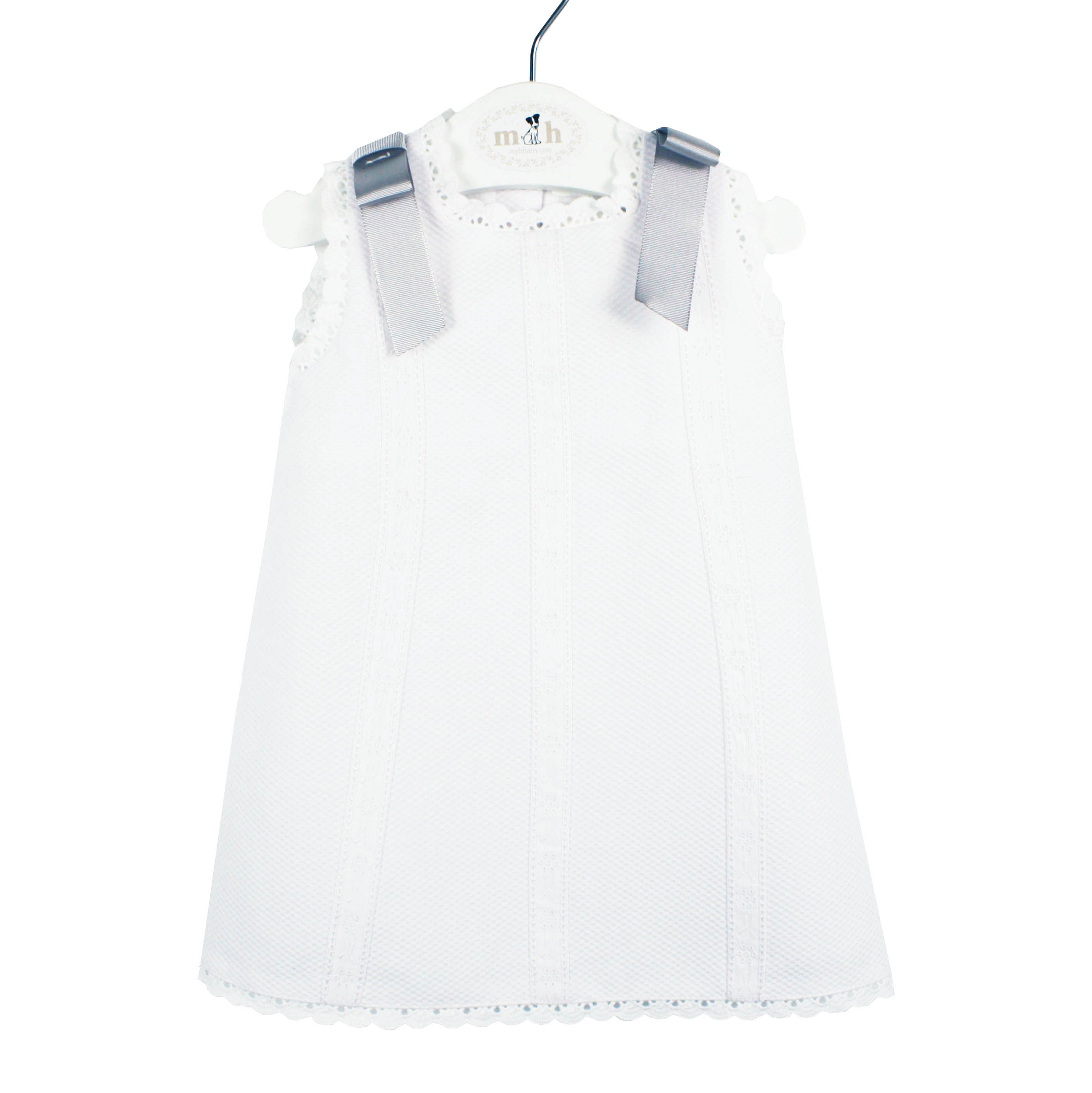 Baby’s Dress in white piqué fabric and grey bows