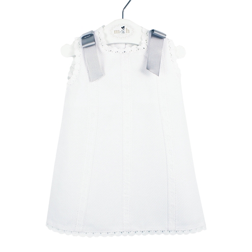 Baby’s Dress in white piqué fabric and grey bows