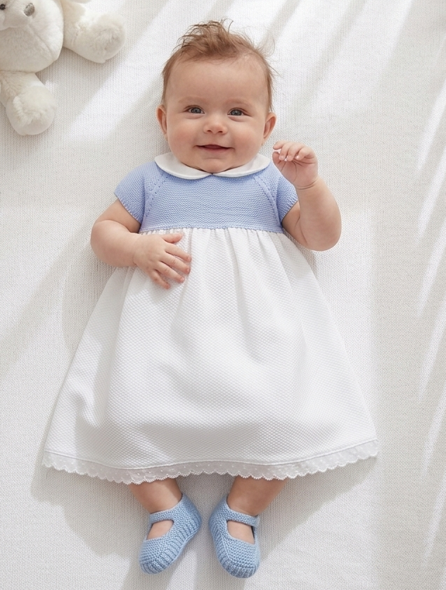 blue knit and pique white dress