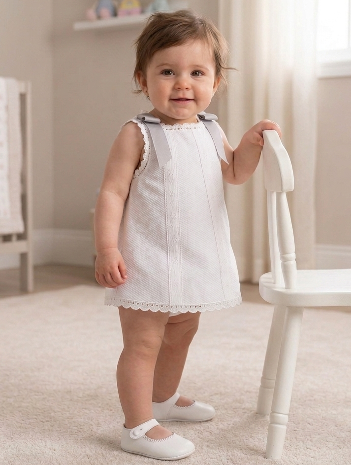 grey bow piqué fabric baby dress